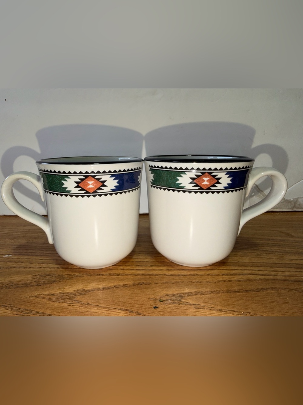 2-Noritake White Ceramic Mugs with Southwestern Green, Blue & Orange Band